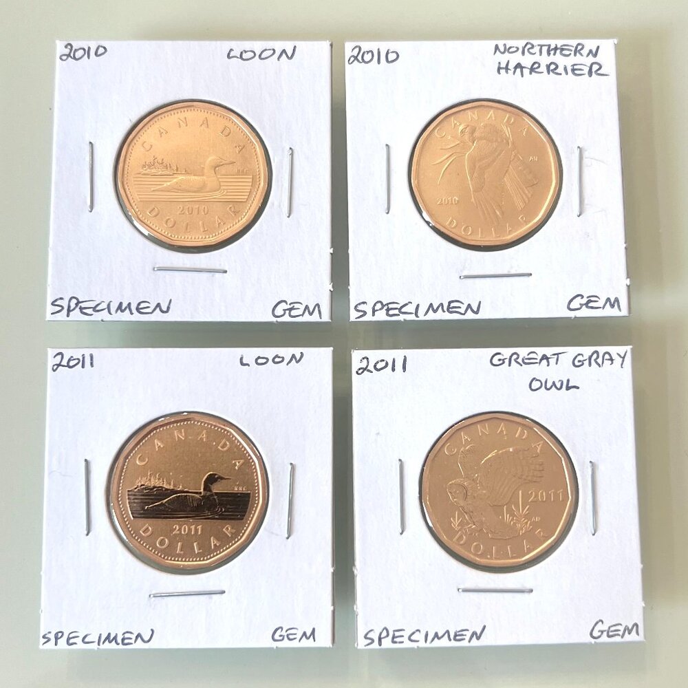2010, 2010, 2011 and 2011 Canada Special Edition Specimen $1 Dollar Loonies!